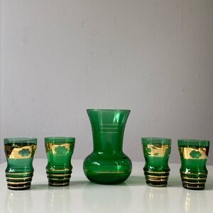 Vintage Venetian Green and Gold Shot Glass Cordial Glass Set & Decanter